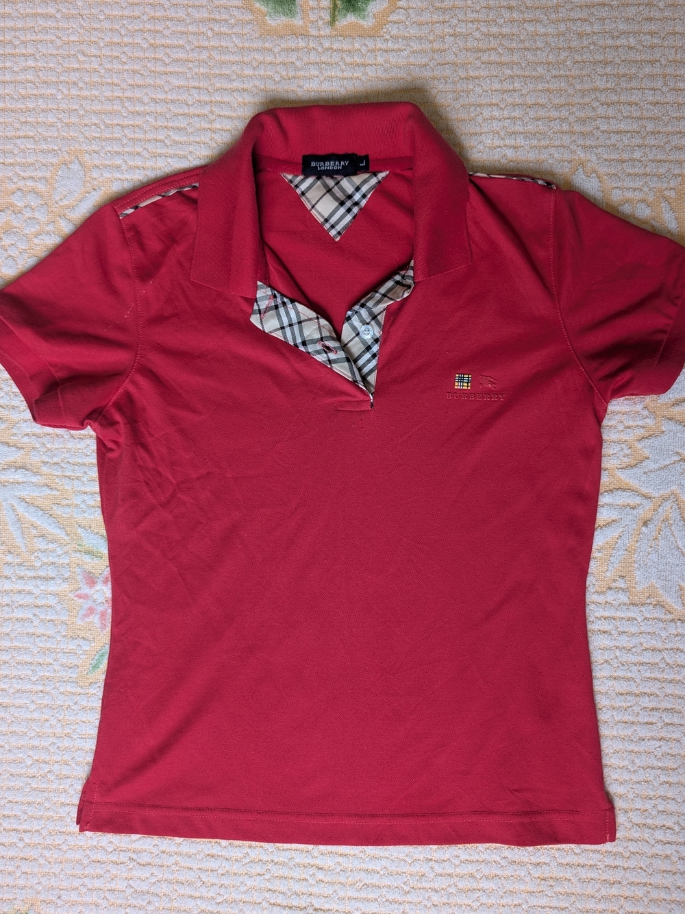 Vintage Burberry Women's Red Polo Shirt with Signature Check Trim
